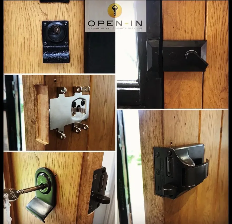 Lock upgrade collage on an oak front door by Open-in Security Services: Bramah cylinder, Ingersoll nightlatch and the morticing work in between