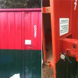 Two-panel photo of site container C0247 in Denham: Indorlock interlocking pillar system opened with picking tools