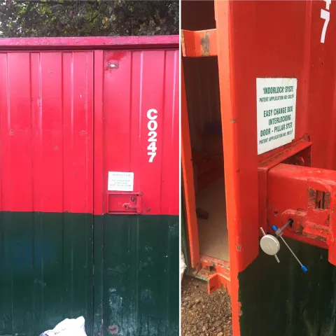 Two-panel photo of site container C0247 in Denham: Indorlock interlocking pillar system opened with picking tools
