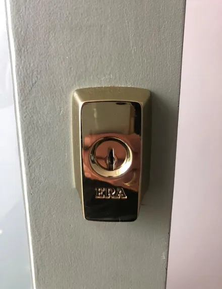 Polished brass ERA rim nightlatch fitted to a sage-green front door