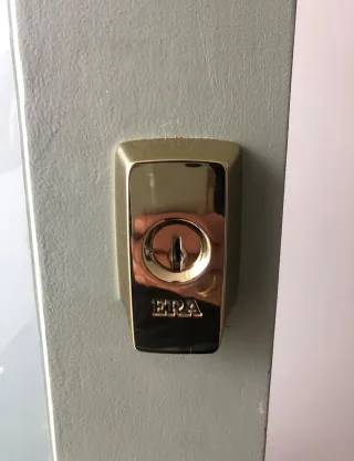 Polished brass ERA nightlatch cylinder fitted to a sage-green front door