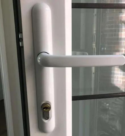 Long-plate uPVC door handle fitted with an Ultion anti-snap cylinder